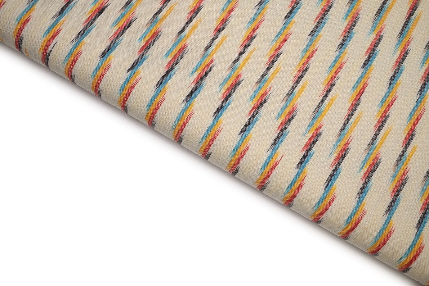 COCONUT CREAM COLOR MULTI SHADES ABSTRACT WEAVE LEHERIYA PATTERN COTTON IKKAT FABRIC 10650