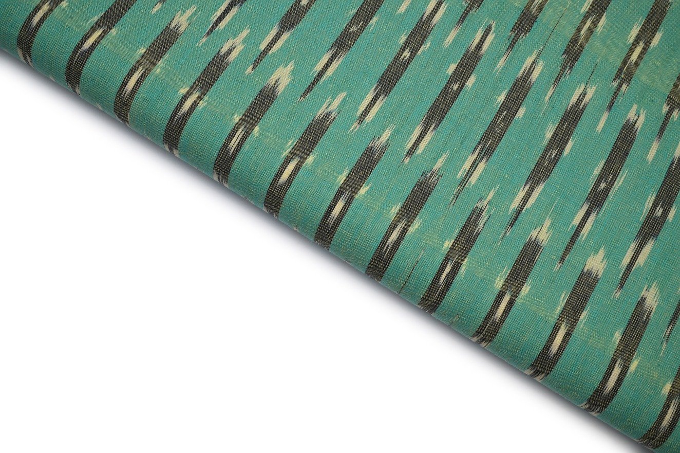 ELF GREEN COLOR BLACK WEAVE GEOMETRIC MOTIVE MERSERISE COTTON IKKAT FABRIC 10655