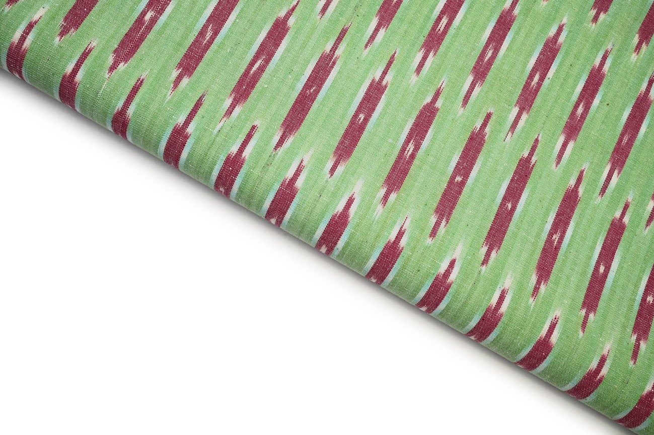 TEA GREEN COLOR PINK GEOMETRIC WEAVE MOTIVE PATTERN MERSERISE COTTON IKKAT FABRIC 10656