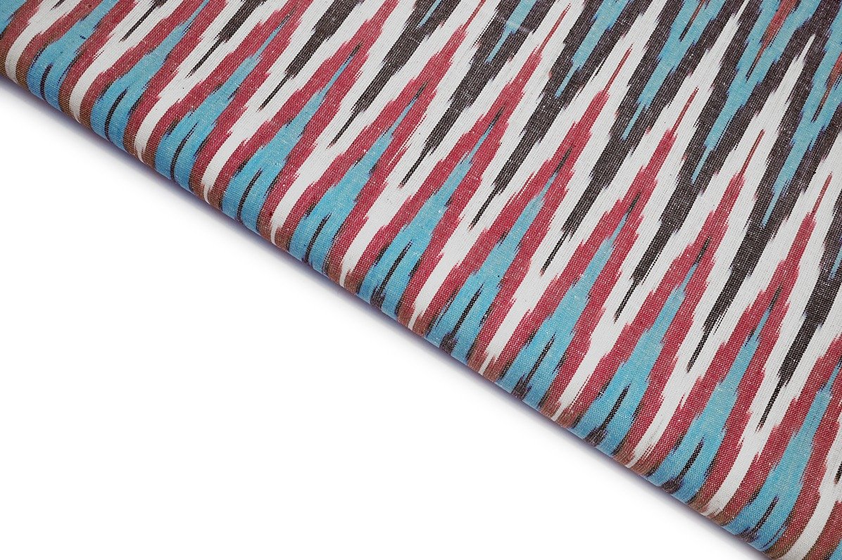 BLUE & MULTIPLE SHADES ABSTRACT CHEVRON PATTERN MERSERISE COTTON IKKAT FABRIC 10659