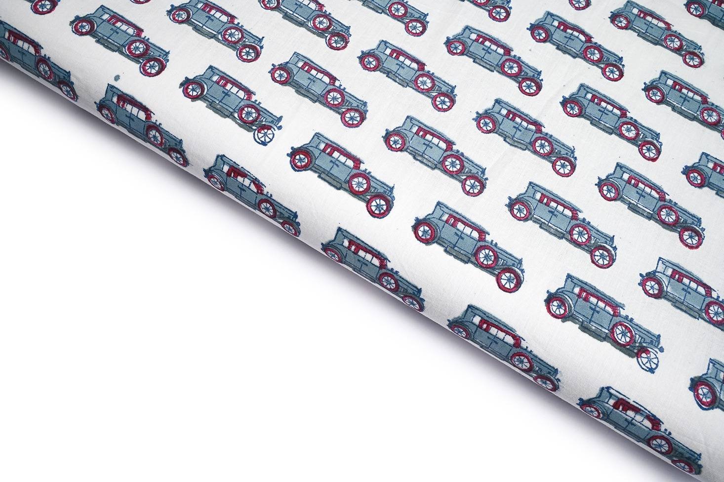 MILK OFFWHITE COLOR COTTON GAMTHI VINTAGE CAR SHAPE HANDBLOCK MOTIVE PATTERN PRINTED FABRIC 8669