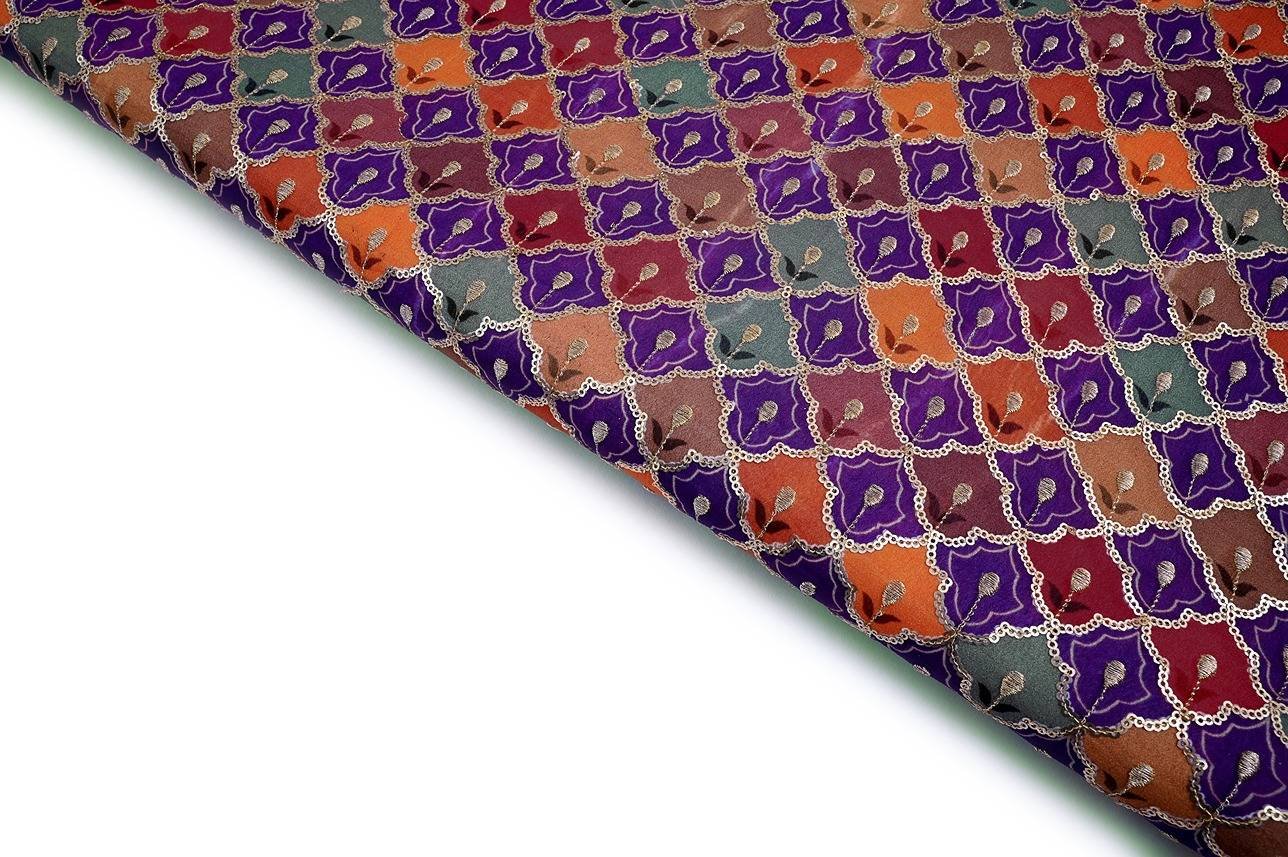 EMINENCE PURPLE &  MULTIPLE SHADES CHAIN DIGITAL PRINT  WITH MAT GOLDEN SEQUANCE OUTING PATTERN EMBROIDERED WORK FABRIC 8822