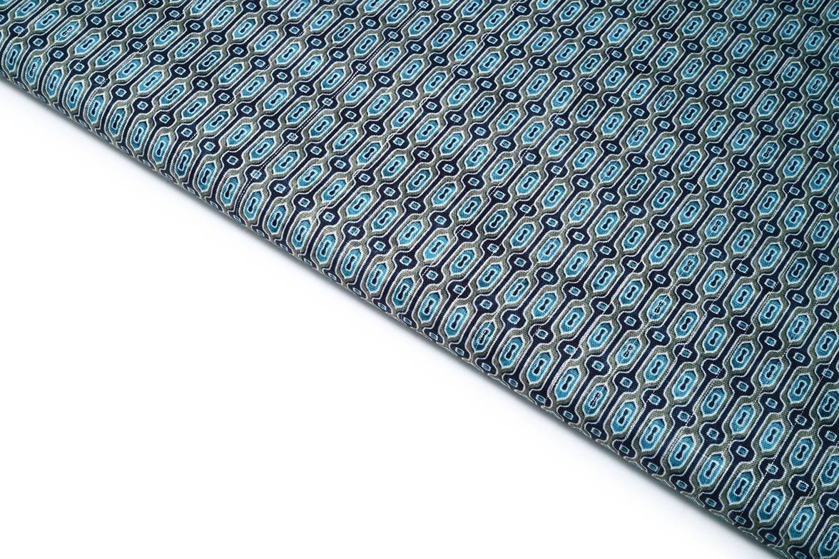 DENIM GREEN COLOR POLY FLAX CREAM CHEVRON BANDHNI CHAIN WITH SILVER WEAVE LINES PATTERN DIGITAL PRINTED FABRIC 8997