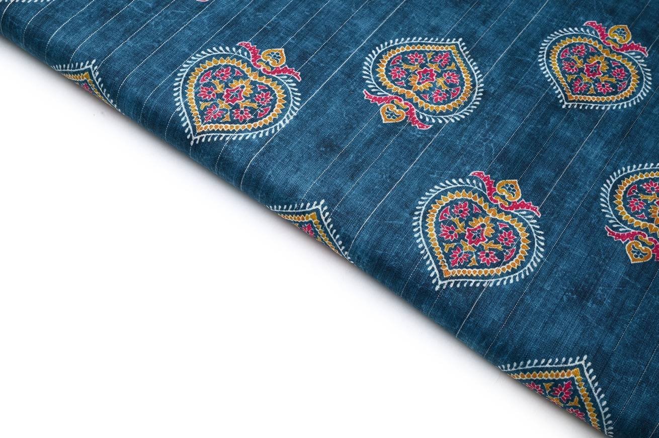 DENIM GREEN COLOR POLY FLAX CREAM CHEVRON BANDHNI CHAIN WITH SILVER WEAVE LINES PATTERN DIGITAL PRINTED FABRIC 8997