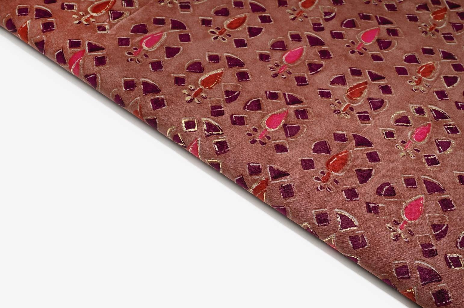 GINGER RUST COLOR WISCOSS MUSLIN SILK GOLD FOIL WITH DIGITAL MOTIVE PATTERN PRINTED FABRIC 9066