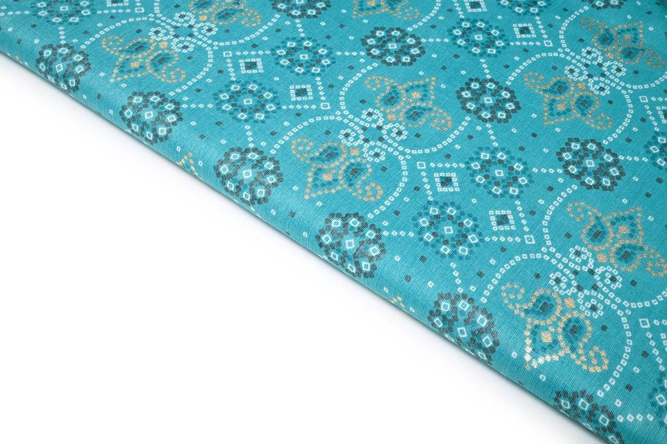 AQUA BLUE COLOR RAYON BANDHNI CHAIN WITH FOIL PATTERN PRINTED FABRIC 9073