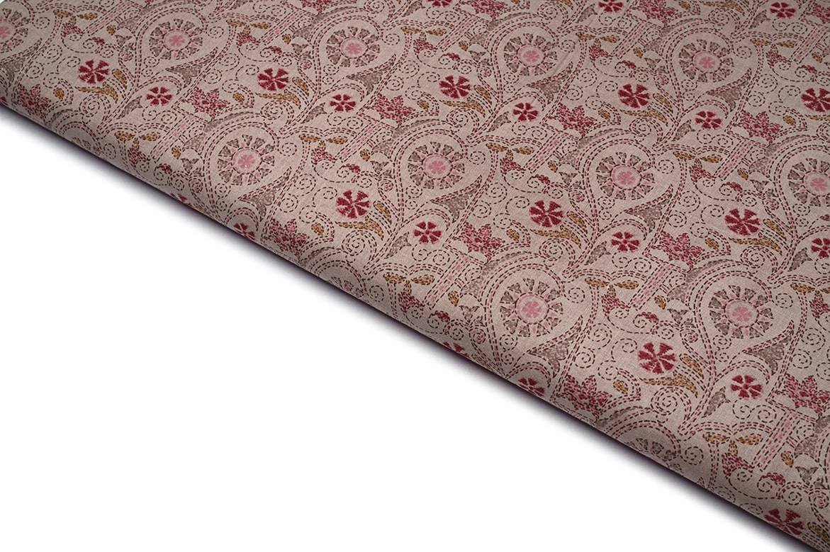 COUNTRY CHIC BEIGE COLOR COTTON SCREEN SUJANI PATTERN PRINTED FABRIC 11600