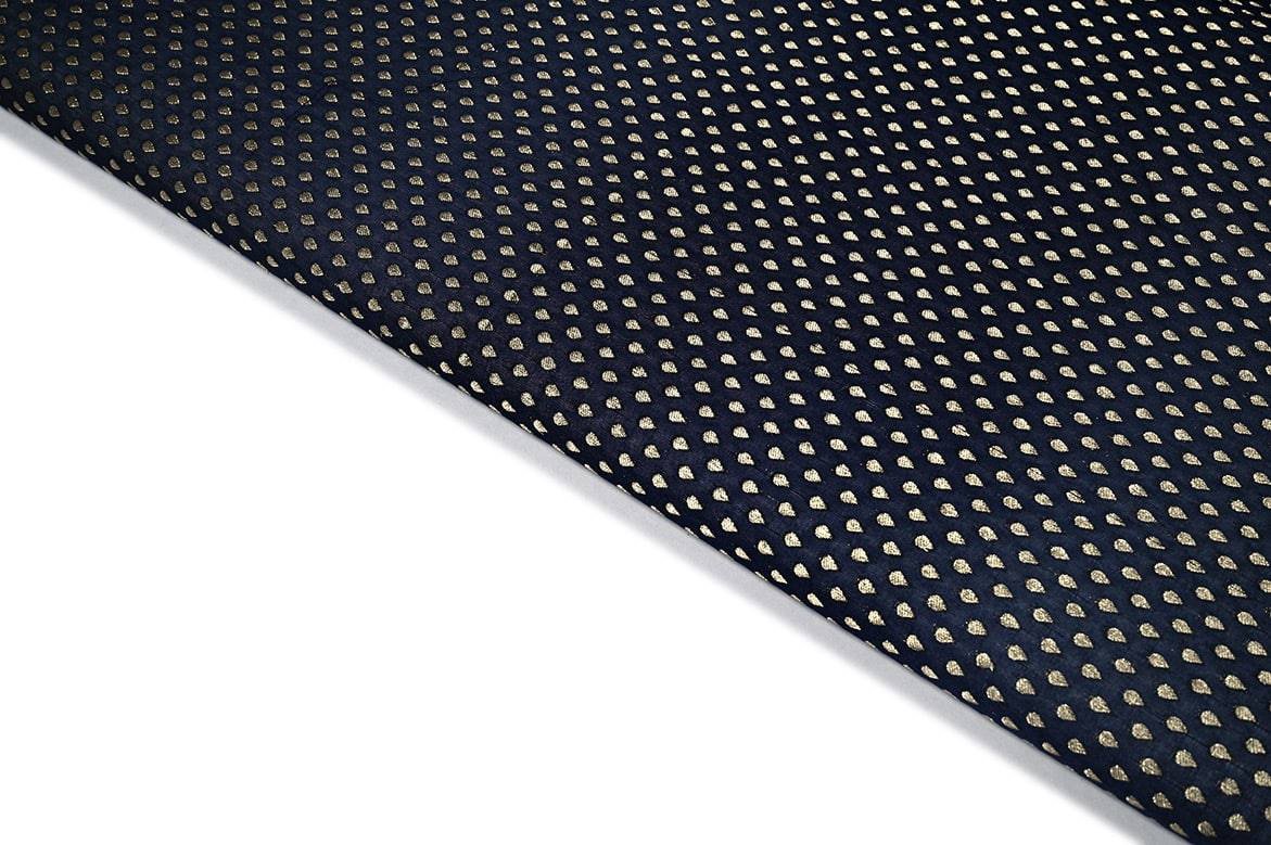 DARK MOONLIGHT BLUE COLOR METALIC GOLD ZARI WEAVE DROP SHAPE MOTIVE PATTERN PORY SILK BROCADE FABRIC 11263