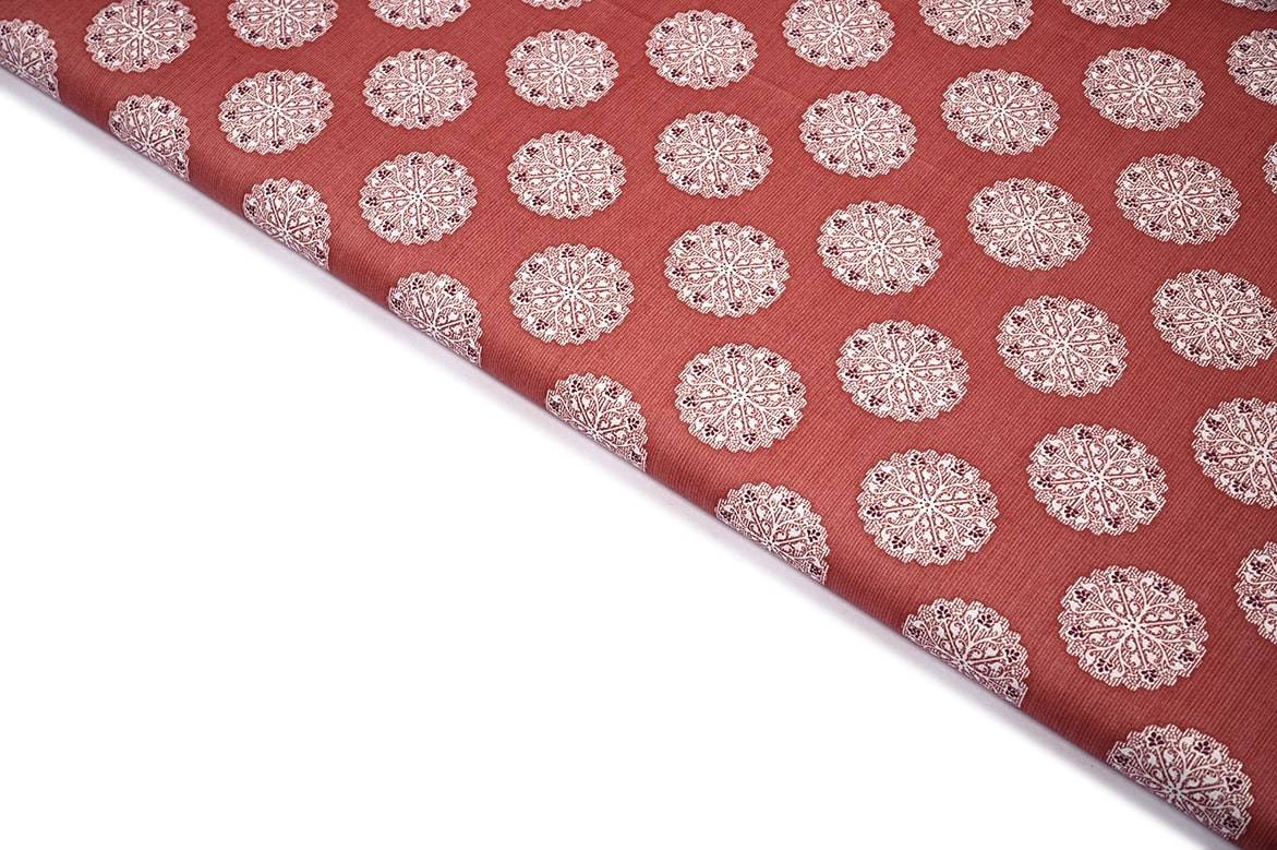 BLUSH RUST ORANGE COLOR COTTON JAIPURI GEOMETRIC CIRCULAR SHAPE MOTIVE PATTERN SCREEN PRINT FABRIC 11345