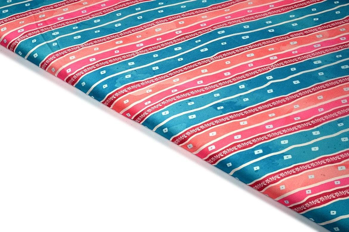 CAIRO BLUE & MULTIPLE SHADES WISCOSS GEORGET SHATIN DIGITAL BANDHNI MOTIVE WITH ABSTRACT LEHERIYA PATTERN PRINTED FABRIC 11395