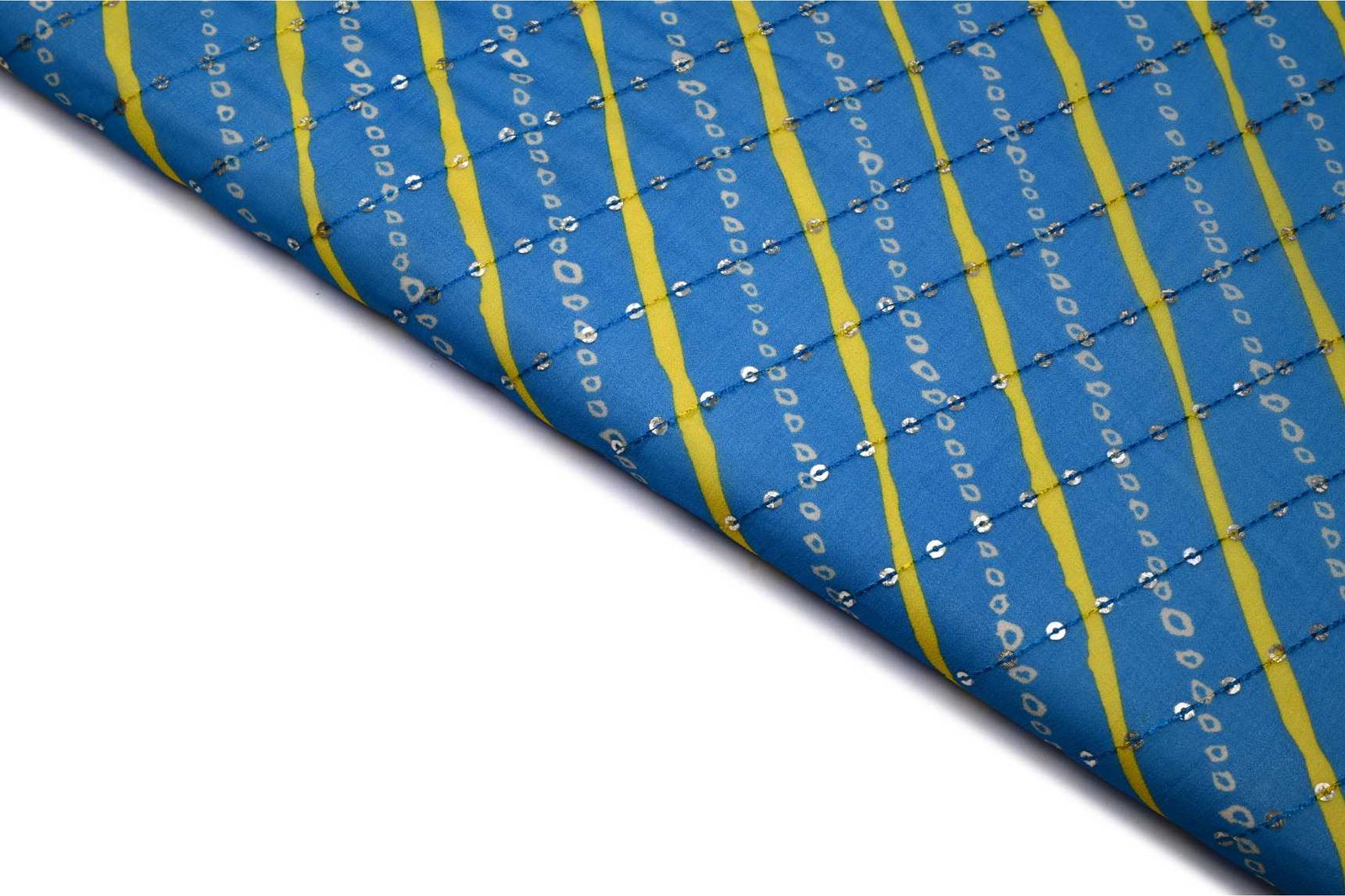 FEROZI BLUE COLOR WITH WHITE DIGITAL BANDHNI MOTIVE & SEQUANCE LEHERIYA PATTERN WISCOSS GEORGET EMBROIDERED WORK FABRIC 11336