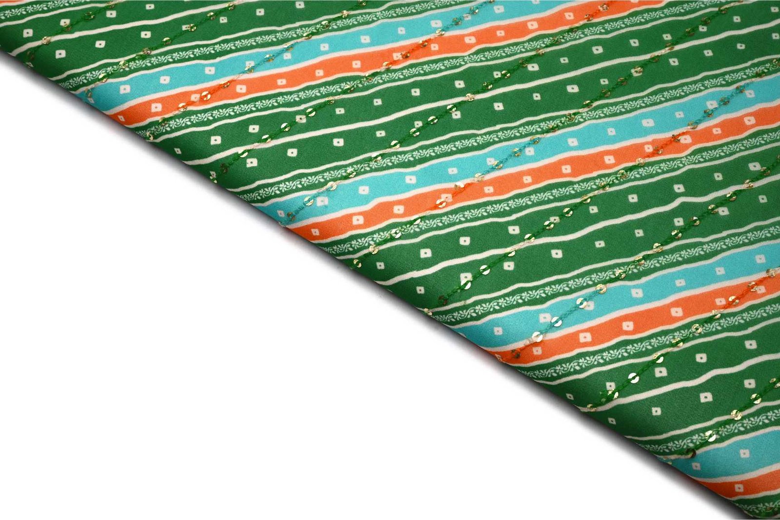 FOREST LEAF GREEN COLOR WITH WHITE DIGITAL BANDHNI MOTIVE & SEQUANCE LEHERIYA PATTERN WISCOSS GEORGET EMBROIDERED WORK FABRIC 11334