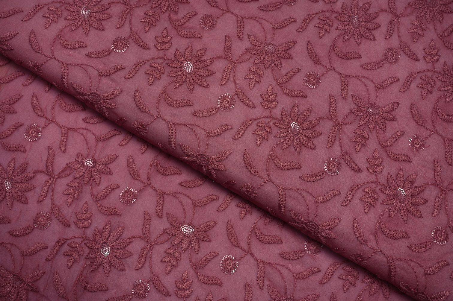 HOT PINK  COLOR WISCOSS GEORGET EMBOSS THREAD & SEQUANCE ALLOVER  EMBROIDERED WORK FABRIC  11478