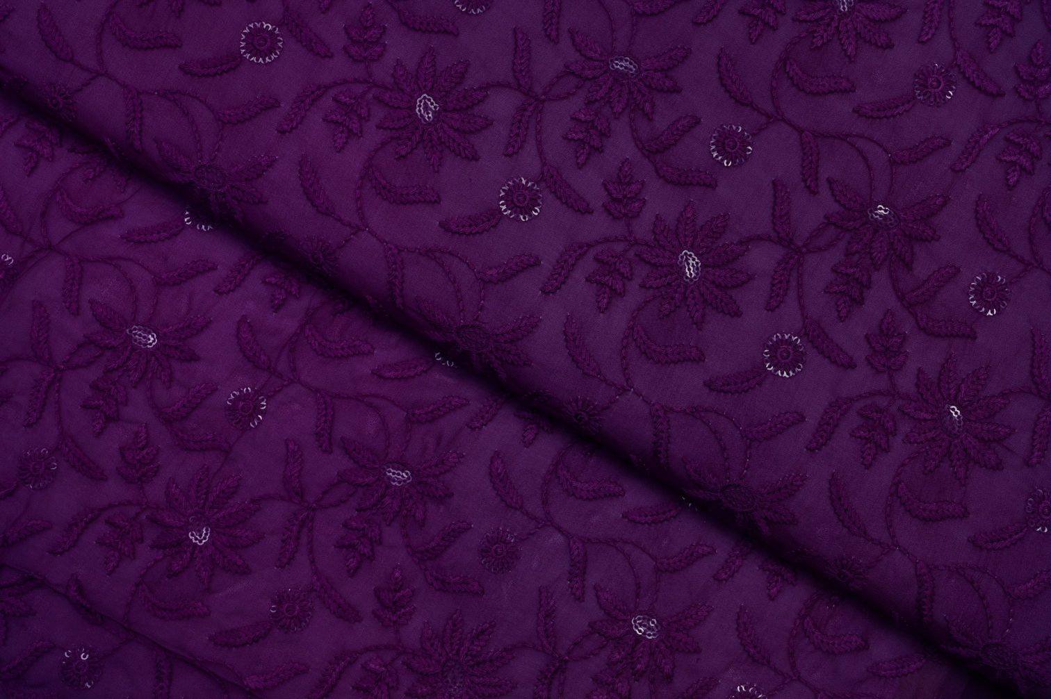CATMINT PURPLE COLOR WISCOSS CHANDERI SILK PAISLEY FLORAL PRINT WITH THREAD AND SEQUANCE PATTERN EMBROIDERED WORK FABRIC  11301