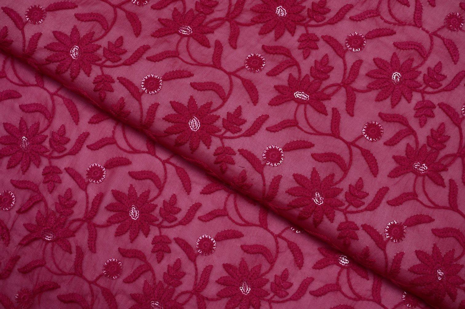 HOT PINK  COLOR WISCOSS GEORGET EMBOSS THREAD & SEQUANCE ALLOVER  EMBROIDERED WORK FABRIC  11478