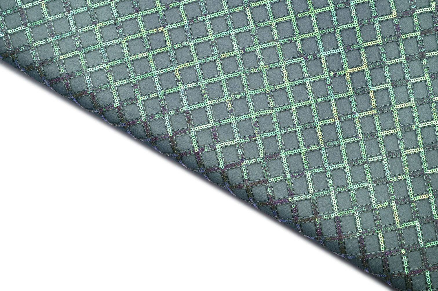 SHARK GREY COLOR WISCOSS GEORGET SQUARE LINKED CHAIN PATTERN WITH THREAD  & RAINBOW SEQUANCE EMBROIDERED WORK FABRIC 11325