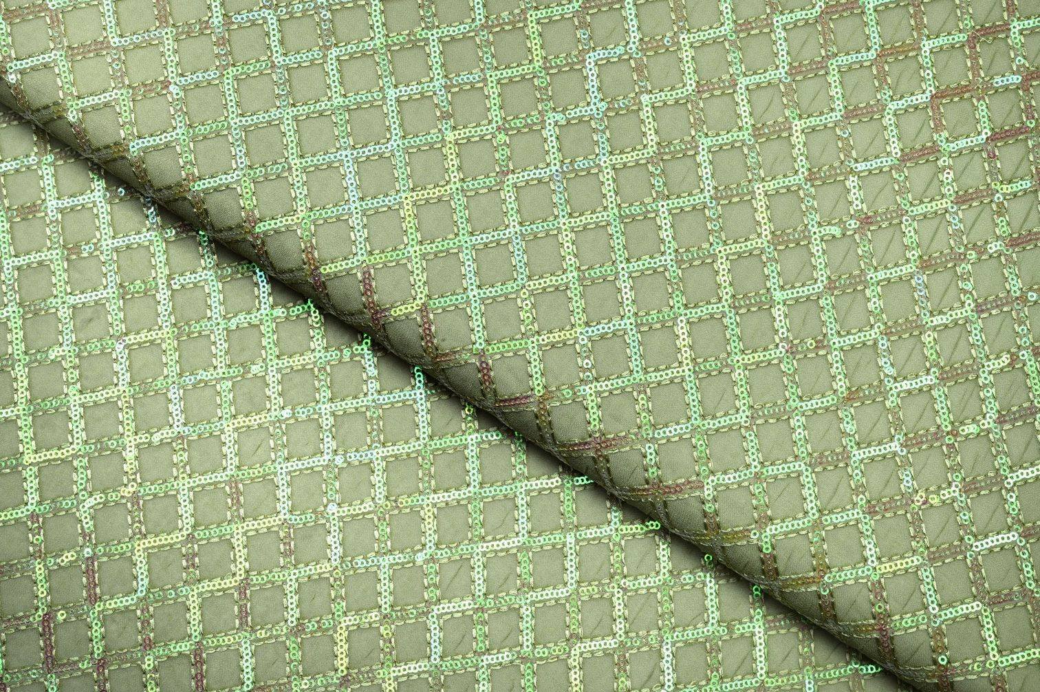 ELAICHI GREEN  COLOR WISCOSS GEORGET SQUARE LINKED CHAIN PATTERN WITH THREAD  & RAINBOW SEQUANCE EMBROIDERED WORK FABRIC  11323