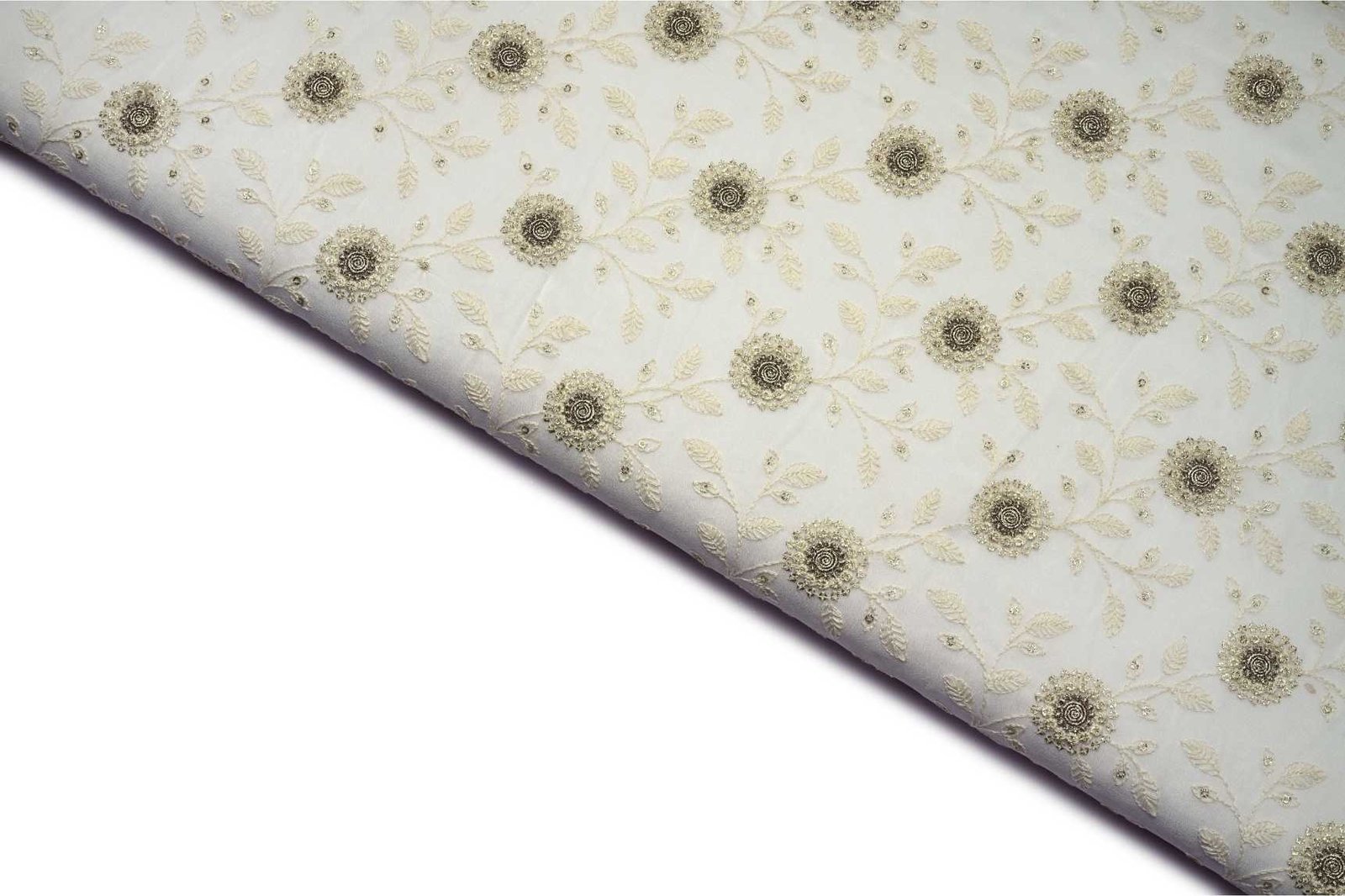 DIABLE  OFF WHITE COLOR WISCOSS GEORGET GOLD EMBOSS CRUSH WEAVE LEAF  MOTIVE PATTERN JAQARD FABRIC 10788