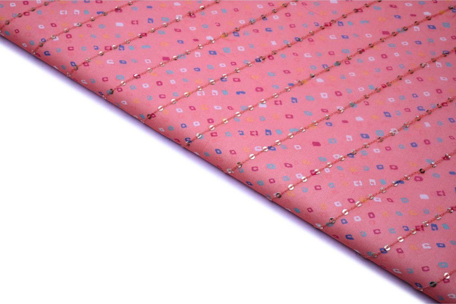 CORAL PINK COLOR WISCOSS GEORGET WITH MULTI AND WHITE SHADES DIGITAL BANDHNI AND SEQUANCE LEHERIYA PATTERN EMBROIDERED WORK FABRIC 11330